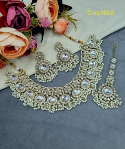Heavy Cubic Zirconia Necklace <b>Set</b> Pearl Cluster Tassel Drop Bridal <b>Wedding</b> Jewelry <b>Set</b> With Dangle Earrings & Mang Tika Supplier - Product Image 2