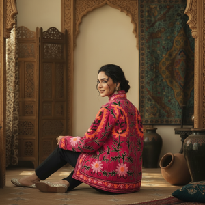 Pink Floral Hand Embroidery Bomber Jacket | Long Sleeve <b>Stand</b> Collar Women Outerwear Handmade Needle <b>Work</b> Masterpiece Jacket - Product Image 3