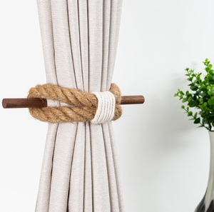 Rope Curtain Ticback Window Drapery Jute Rope Curtain Tie Band Holdbacks Wood Clip Sticks Ticback Holder - Product Image 1