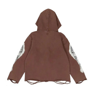 Sweat à capuche en molleton marron pour homme, coupe classique, imprimé ailes d'ange de dessin animé, ourlet déchiré, manches longues, style vintage, respirant, écologique - Product Image 2