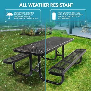 6 Ft. <b>Black</b> <b>Outdoor</b> Steel Rectangular Picnic <b>Table</b> with Umbrella Pole-for Your <b>Outdoor</b> Gathering - Product Image 5