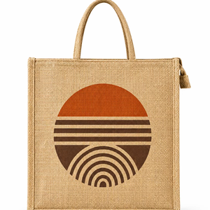 Bolsa de Yute Natural Extra Grande con Estampado Geométrico Circular de Atardecer, Bolsa de Compras Reutilizable Ecológica - Product Image 1