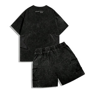 Ensemble T-shirt et short délavé à l'acide pour homme – Ensemble décontracté 2 pièces vintage à manches longues pour homme, idéal été-automne - Product Image 6