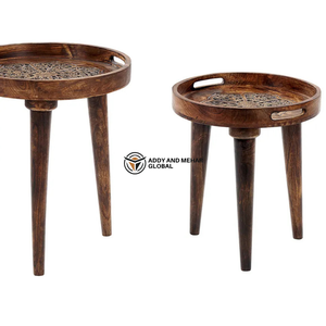 <b>Round</b> Wooden Tray Top Nesting Tables Set of 2 with Handles – Rustic Serving Style Side Tables for Living Room & Bedroom - Product Image 3