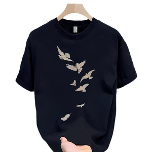 <b>Men's</b> Navy Bird Print T Shirt Short Sleeve Cotton Crew Neck Casual Loose Fit Streetwear Tee - Product Image 5
