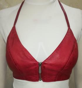 black faux leather or leather halter neck crop top with a front zipper closure bra - Product Image 5