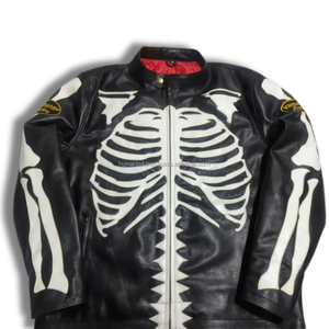 Blouson de motard en cuir style Skeleton Leather Cafe Racer & MJ Retro Rock Vanson, collection haut de gamme Goth/Punk Motorsport, cousu - Product Image 3