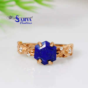 Natural <b>Lapis</b> <b>Lazuli</b> <b>Ring</b> Gold Plated 925 Sterling Silver Moissanite Hexagon Gemstone <b>Ring</b> Vintage Floral Statement Jewelry - Product Image 5