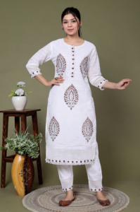 NIYANI <b>Women's</b> White Cotton Ankle-Length Wrinkle-Free All Seasons <b>Kurta</b>/Kurti Set Embroidery Loose Fit Traditional Ethnic Casual - Product Image 3