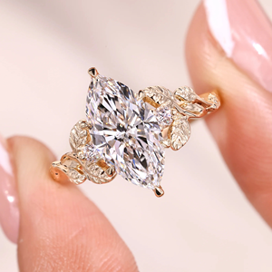 Anillo de compromiso y boda con tres diamantes de corte marquesa inspirados en la naturaleza, de 2.06 quilates, cultivados en laboratorio, joyería de oro de 14k. - Product Image 2