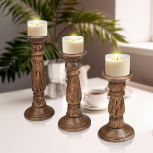 Ensemble de 3 porte-bougies en bois rustique, sculptés à la main en bois de manguier, élégants supports décoratifs pour bougies piliers - Product Image 5