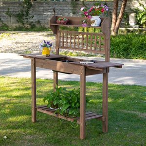 Panca da Giardinaggio con Piano Scorrevole e Vano Portaoggetti per Stazione di Lavorazione Piante in Legno - Product Image 2