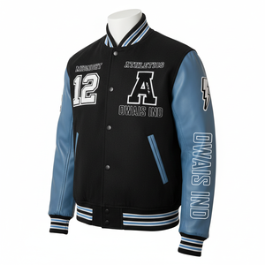 Chaqueta Varsity Midnight Athletics para Hombre, Negra y Azul, con Mangas de Cuero PU, Letra 12 A Owais Bordada, Estilo Preppy, Otoño - Product Image 2