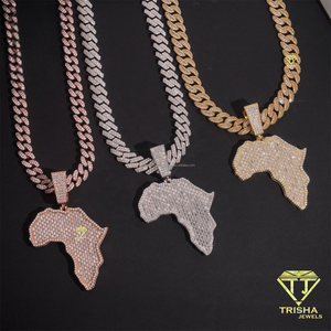 Pendentif de luxe en argent sterling 925 avec carte de l'Afrique, diamants moissanite et pierres baguette serties, style chaîne cubaine hip-hop - Product Image 1