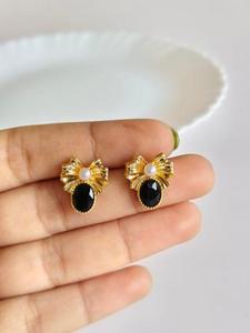 New Arrival Gold Plated Bow <b>Stud</b> Earrings with Black Teardrop Stone & Pearl Anti Tarnish Accent Wedding Daily Wear By Exima - Product Image 4