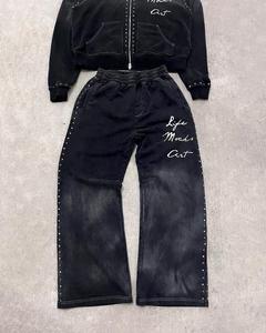 Women Streetwear <b>Hoodie</b> and Sweatpants Set <b>Black</b> Full Sleeve <b>Zipper</b> Front Embroidery Loose Fit Autumn Wear - Product Image 4