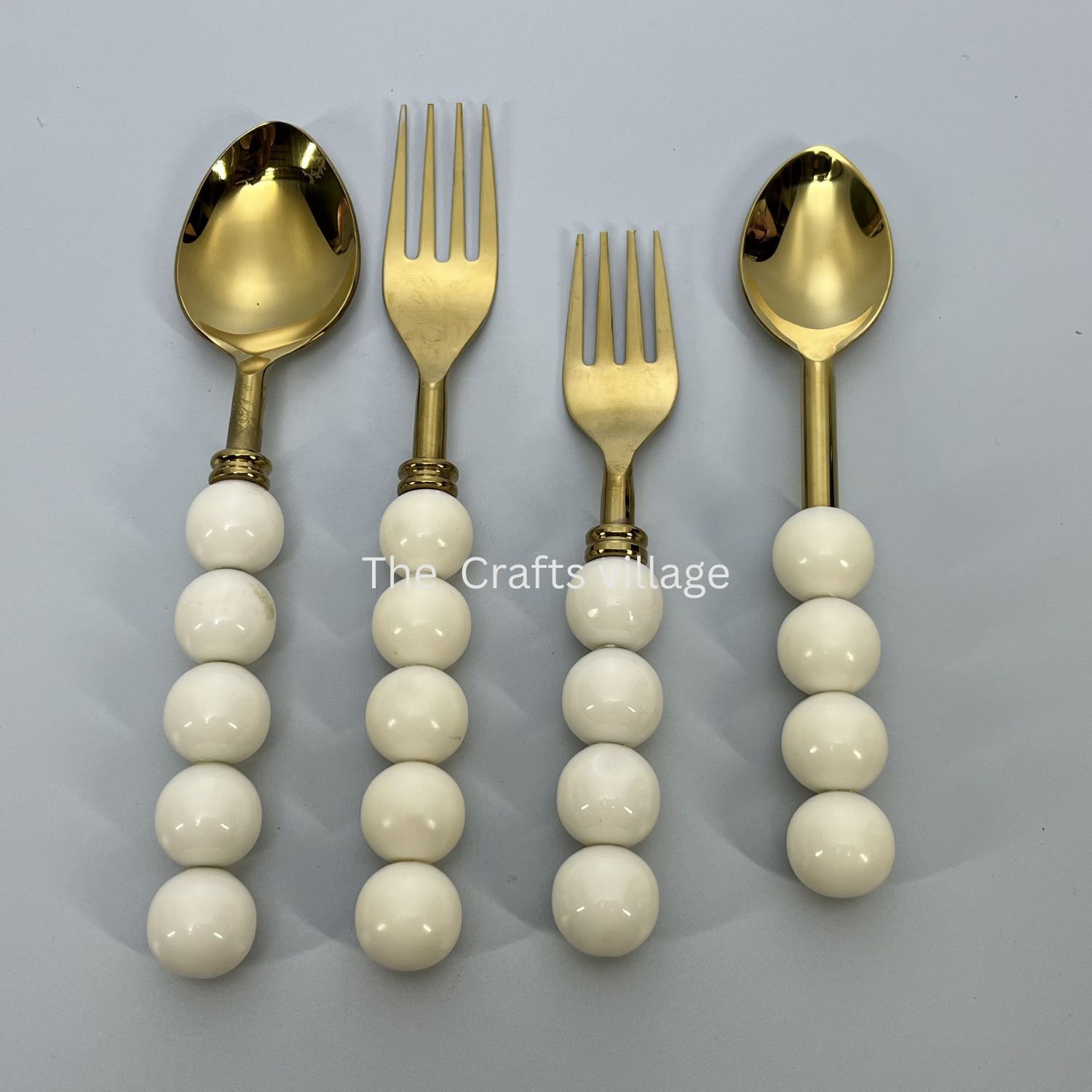 Luxury Gold Stainless Steel Modern Mirror Polish Eco-Friendly Cutlery Set White Beaded Handle Spoon Fork Premium Flatware Dining · image 4