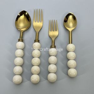 Luxury Gold Stainless Steel Cutlery <b>Set</b> White Beaded Handle <b>Spoon</b> <b>Fork</b> <b>Set</b> Premium Flatware Dining Utensils Wedding Tableware - Product Image 4