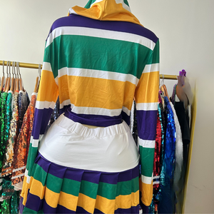 Ensemble haut court à capuche rayé et jupe plissée pour femme, tenue décontractée sportive printemps-été, manches longues, design color block - Product Image 2
