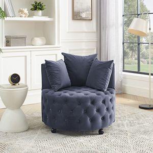 Poltrona Girevole in Velluto per Soggiorno, Grigia con Design Trapuntato a Bottoni, Ruote Mobili e 3 Cuscini Inclusi - Product Image 1