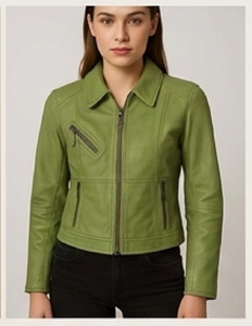 Women's Green Sheep <b>Skin</b> Solid Slim Fit Biker Jacket Zip Front Windproof Heated Casual Outerwear Trendy Streetwear - Product Image 1