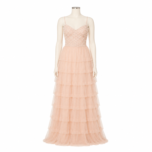 Luxury Blush Pink Tiered Tulle Ball Gown for Women | 3D Floral Embellished Party Dress | Elegant Wedding & Reception Wear Dress - Product Image 1