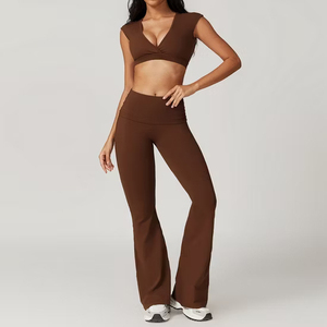 High Waist Yoga Set With Deep V Neck Crop Top And Full Length <b>Flared</b> <b>Leggings</b> Seamless Four-Way Stretch Solid Color Sport Wear - Product Image 2