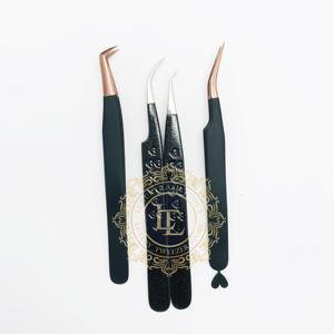 Pinzas para extensión de pestañas de acero inoxidable con punta de oro rosa de primera calidad, recubrimiento de polvo negro personalizado, mango de corazón sostenible - Product Image 5