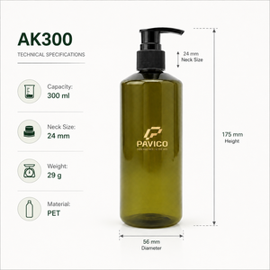 ขวดปั๊มพลาสติก PET ขนาด 300 มล. ยี่ห้อ Pavico คอขวดขนาด 24 มม. พิมพ์ลายซิลค์สกรีน สำหรับบรรจุภัณฑ์แชมพู โลชั่น ครีมอาบน้ำ ผลิตในเวียดนาม - Product Image 2