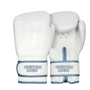 Custom Logo Premium Leather Boxing Gloves | White & Metallic Blue | OEM Wholesale Training Sparring Gloves for Men Women | MMA M - Product Image 1