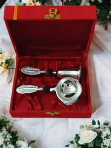 Metal Craft Feather Hand Bell <b>Set</b> with Stand Silver-Plated Offset Printing Gift Box Decorative <b>Desk</b> Accessory - Product Image 1