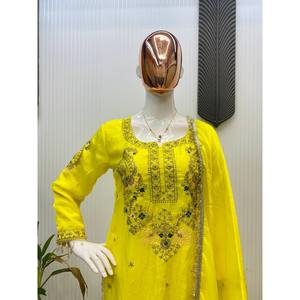 Hermoso conjunto de salwar kameez (top, pantalón y dupatta) para fiestas, elegante ropa de fiesta. - Product Image 2