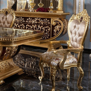 European Royal Classic Handmade Dining <b>Table</b> Set With Tempered Glass <b>Top</b> And <b>Wood</b> Legs For Home Furniture - Product Image 5