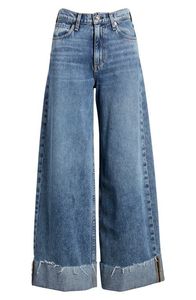 Pantalon en jean taille haute à jambe large pour femme, coupe ample, longueur genou, en coton délavé, style décontracté vintage, ourlet retroussé - Product Image 4