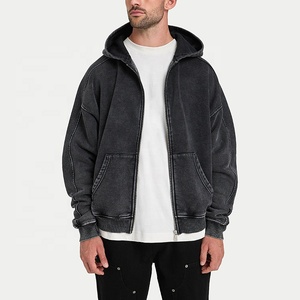 Sudadera con capucha para hombre de peso pesado, con lavado ácido y efecto vintage, con cremallera completa, de algodón premium, personalizable con logotipo, parte superior de chándal. - Product Image 3