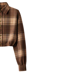 Chemisier court marron à carreaux personnalisé pour femme, col rabattu, manches longues, boutonné, style décontracté, fabricant et fournisseur OEM - Product Image 4