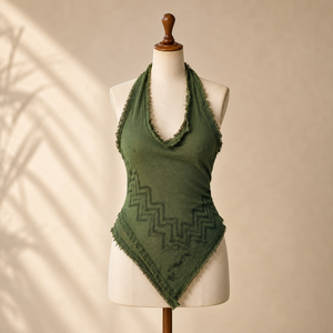 Haut halter bohème long |   Chemisier en coton à ourlet zigzag sans manches respirant pour femme – Idéal pour l'été, les festivals, la plage, les vacances, style hippie décontracté - Product Image 1