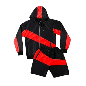 Men's Black Red Color Blocking Hooded Tracksuit Set Sporty <b>Zip</b> <b>Up</b> Jacket Shorts Quick Dry Polyester Summer Wear - Product Image 1