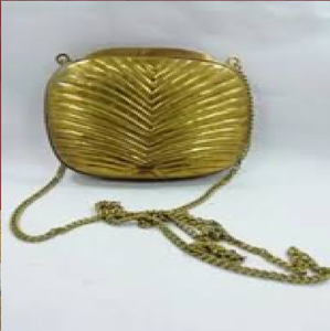 Barrel-shaped golden <b>brass</b> hand clutch with detailed floral engraving, a classic lock, and bottom <b>bell</b> charms, at wholesale. - Product Image 5