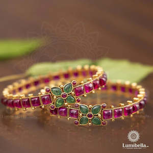 24K Gold Plated <b>Copper</b> Flower <b>Bangles</b> with Pearl and Diamond Accents - Product Image 1