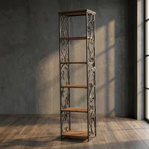 Étagère en treillis métallique Eureka avec étagères en bois et cadre en fer orné, grand présentoir de rangement pour salon, chambre et décoration intérieure - Product Image 2