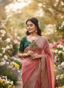 Sari en soie bicolore de qualité supérieure avec de magnifiques broderies multisequencées et un travail de découpe Dana sur toute la surface du sari, accompagné d'un chemisier en soie brodé. - Product Image 5