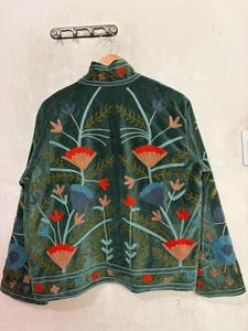 Luxury Green <b>Velvet</b> Embroidered Suzani <b>Jacket</b> with Floral Pattern Full Sleeve Stand Collar Handmade Boho Winter Coat - Product Image 6