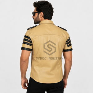 Camisa de Cuero para Hombre, Manga Corta, Beige, Camel, Negro, Contraste, Doble Bolsillo, Manga a Rayas, Estilo Safari, Casual, Vacaciones - Product Image 4