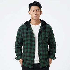 Camisa de Franela a Cuadros con Capucha para Hombre, Verde y Negro, Casual, Manga Larga, Corte Regular, para Otoño - Product Image 4