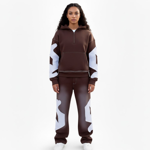 SHY SPORTS Survêtement unisexe personnalisé style vintage délavé, sweat à capuche avec patch bord brut et pantalon de jogging ample en molleton épais - Product Image 3
