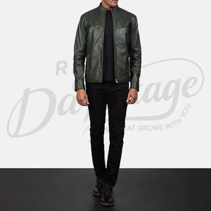 Blouson de motard en cuir véritable vert forêt pour homme, coupe ajustée, col montant, fermeture éclair, style décontracté. - Product Image 4