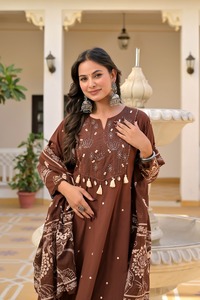 Brown Embroidered Pure Cotton Women Salwar Kameez Mirror Work Set 3/4th Sleeve <b>Kurti</b> & Pant with Dupatta for Party Wedding - Product Image 3