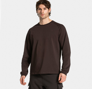 Camiseta Deportiva de Manga Larga para Hombre, Color Sólido, Corte Holgado, Marrón Oscuro, Elástica, Transpirable, para Entrenamiento - Product Image 1