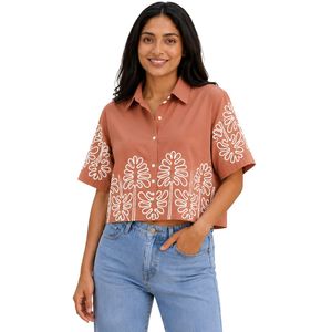 Camisa Corta de Mujer en Color Terracota con Botones, Bordado Floral Blanco, Manga Corta, Blusa Casual de Verano, Top de Diseñador de Moda en Algodón - Product Image 1